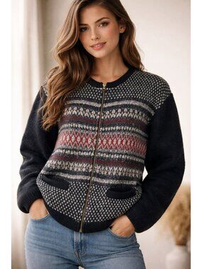 Cambridge Dry Goods Vintage Fair Isle Wool Zip Cardigan Sweater Size M Navy/Red